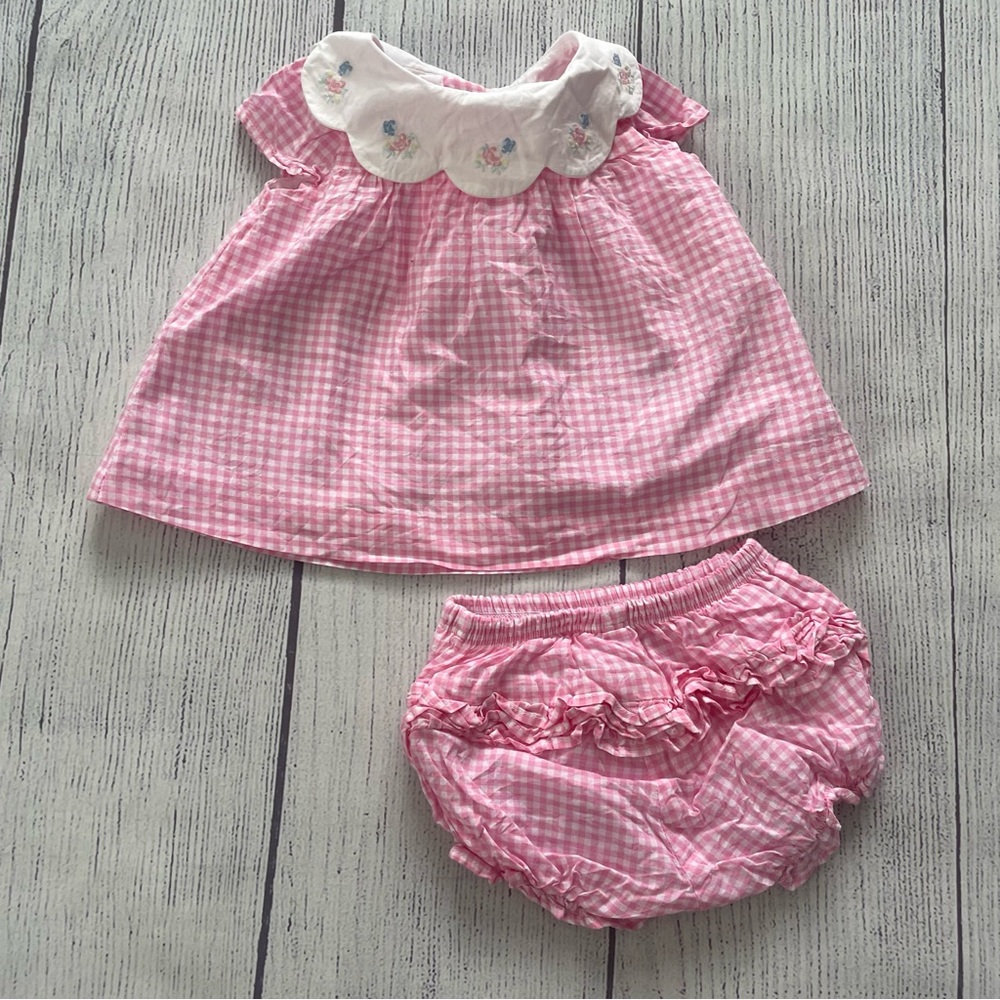 Janie and Jack Girls Pink Gingham Baby Dress and Bloomers Set Size 0-3 months